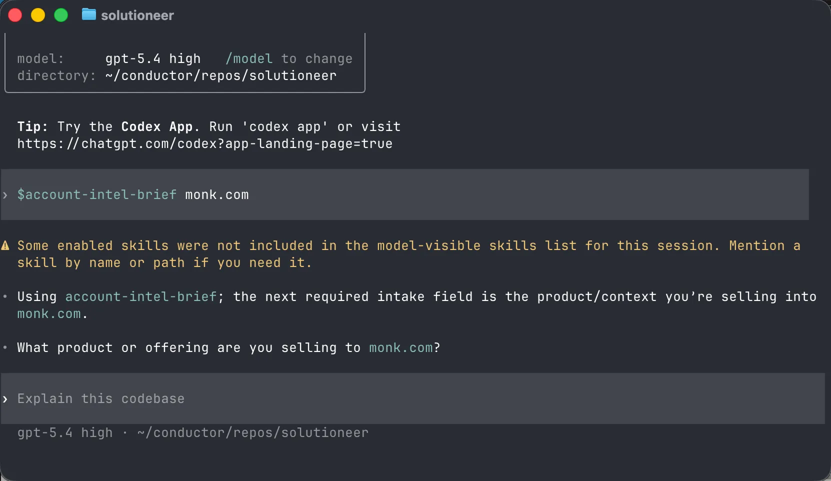 Solutioneer running inside Codex, routing an account-intel-brief request for monk.com.